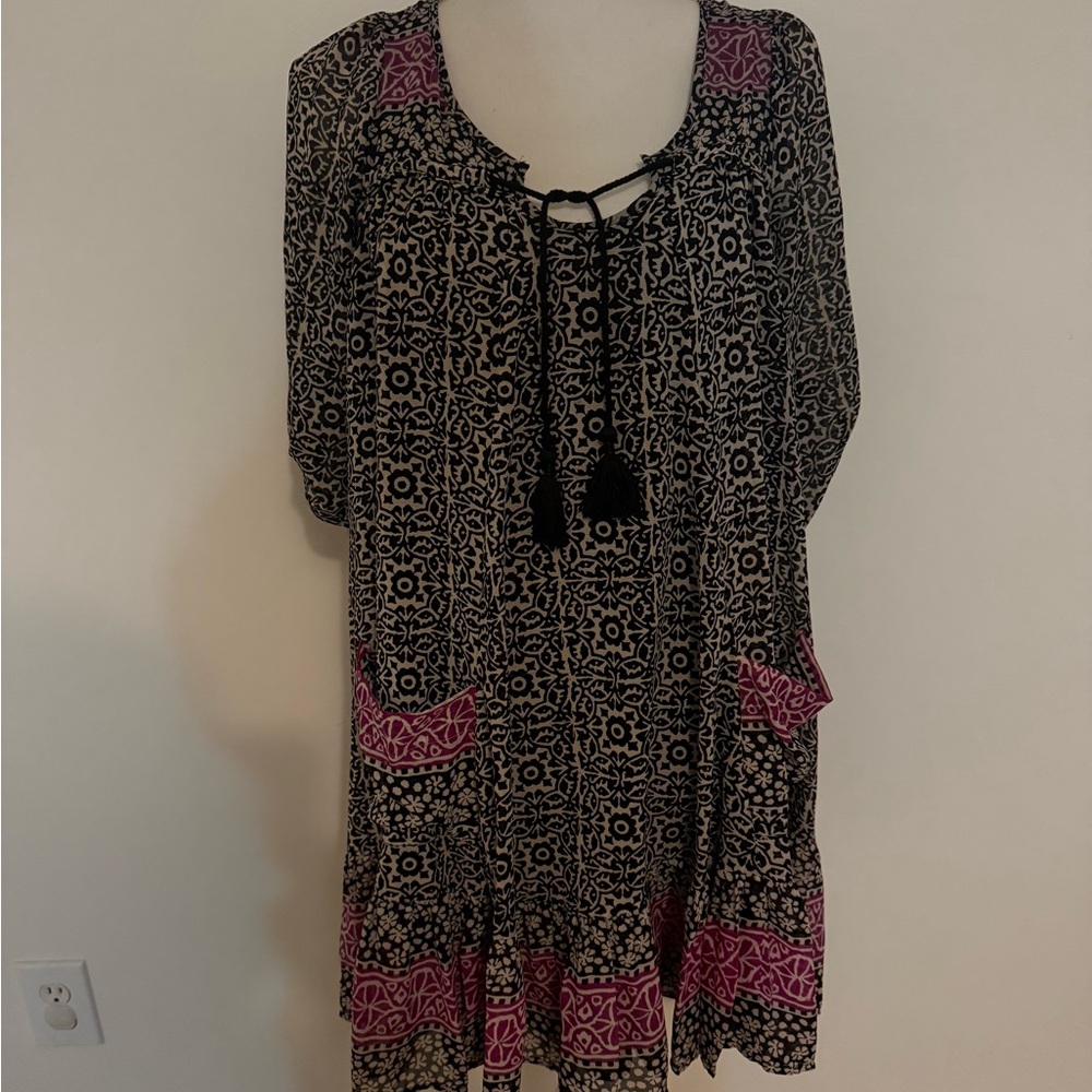 Free People Hippie Penny Lane Boho Black and Pink Patterned Dress XS